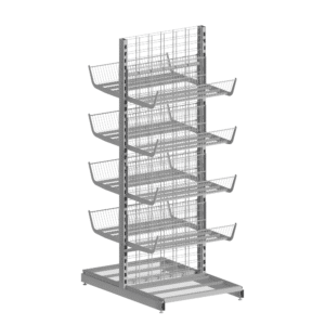 Wall-mounted system store shelf - solution with K-type basket shelves and tin backs